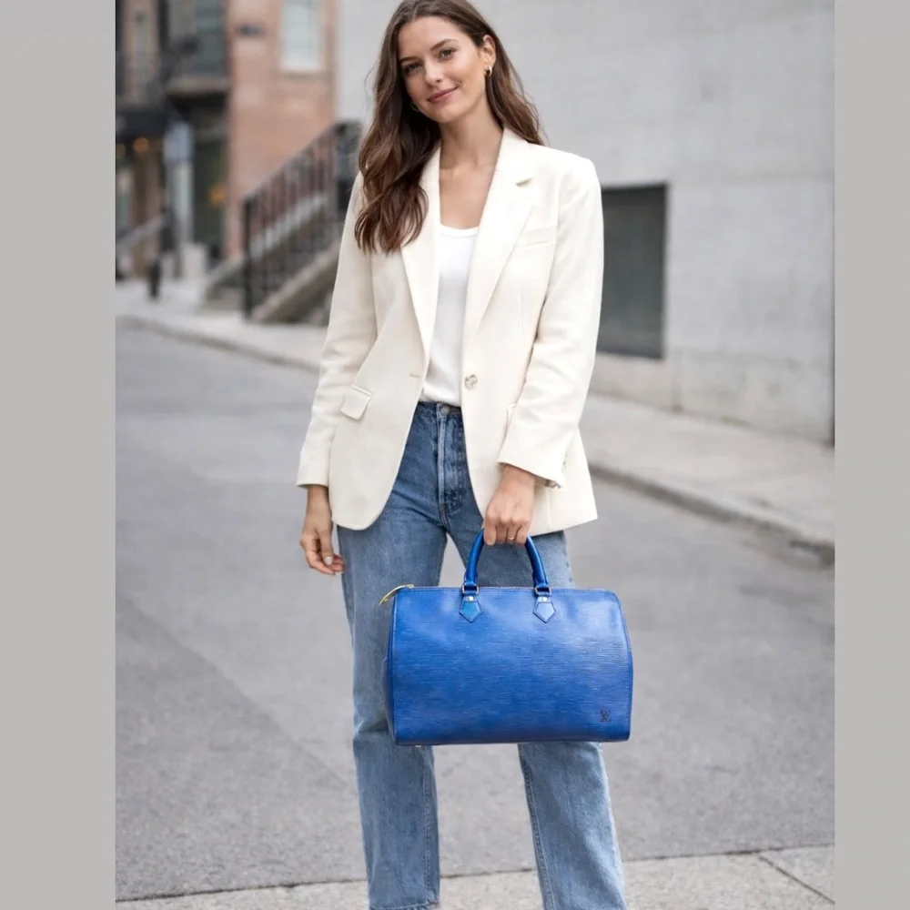 Authentic Louis Vuitton Speedy 35 Epi Leather satchel Bag Toledo blue M42995